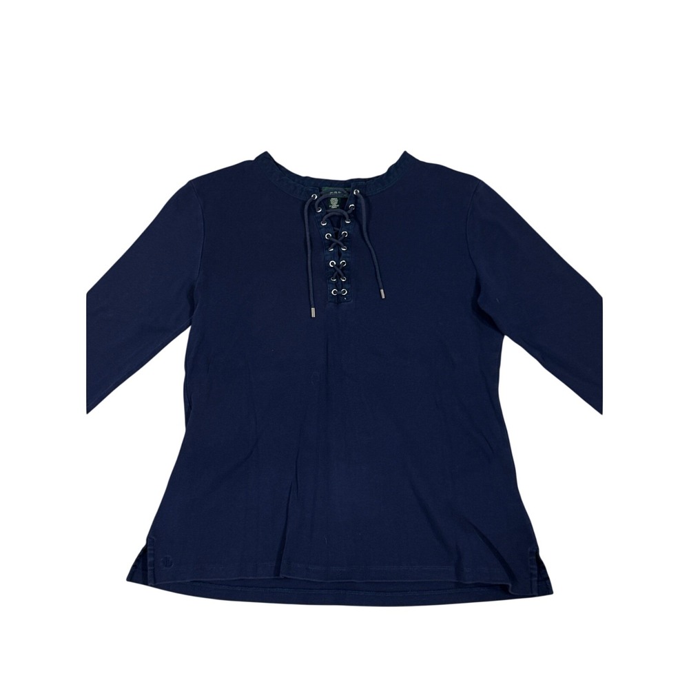 Lauren Ralph Lauren Navy Blue Long Sleeve Lace Up Neck Cotton T Shirt Women's M